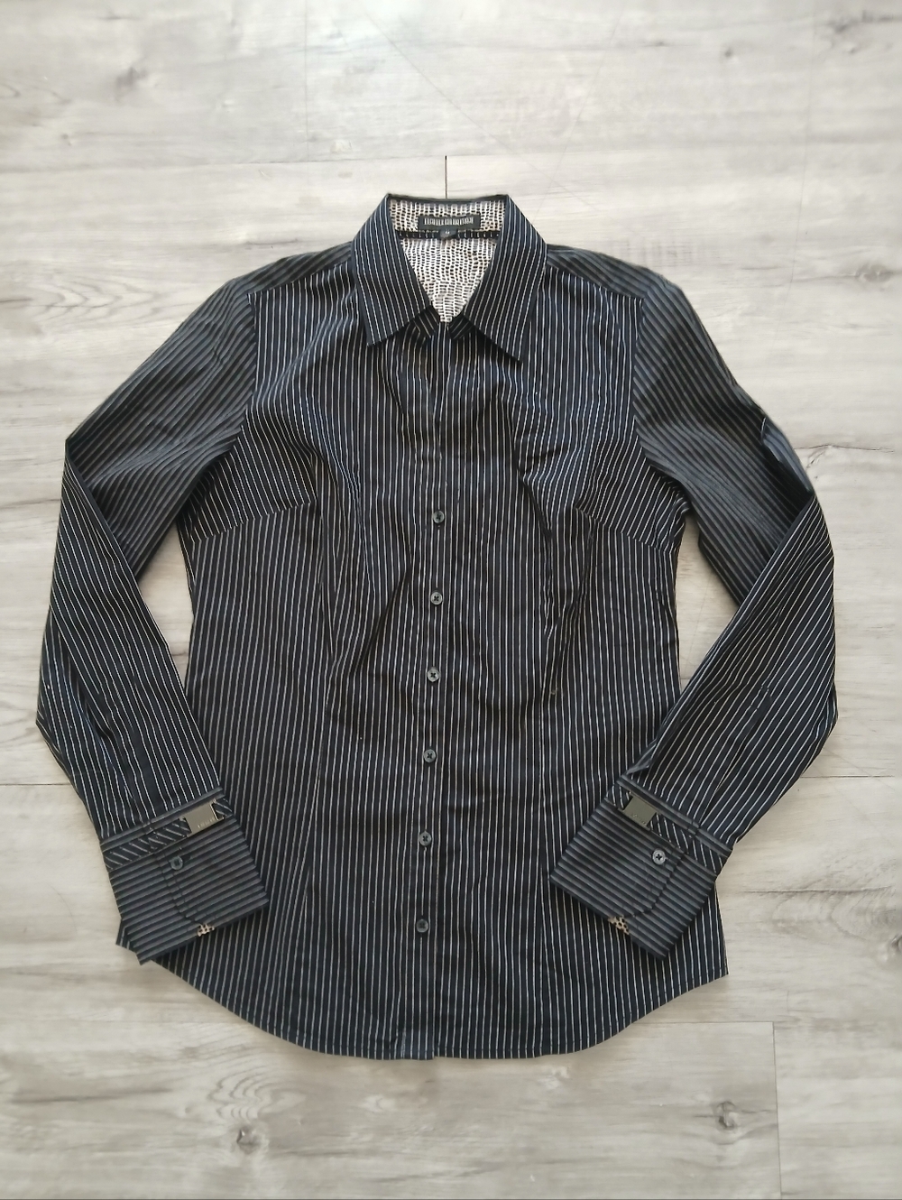 Express Design Studio Black Pinstripe Tailored Fit Button Up Dress Shirt Blouse